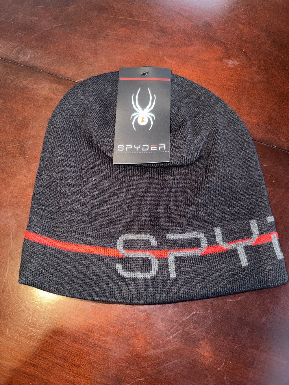 Spyder Black Beanie NWT with Red Accent and Gray Logo